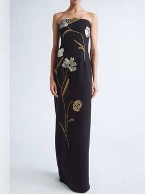 Lela Rose Floral Cord Embroidery Strapless Stretch Cape Gown